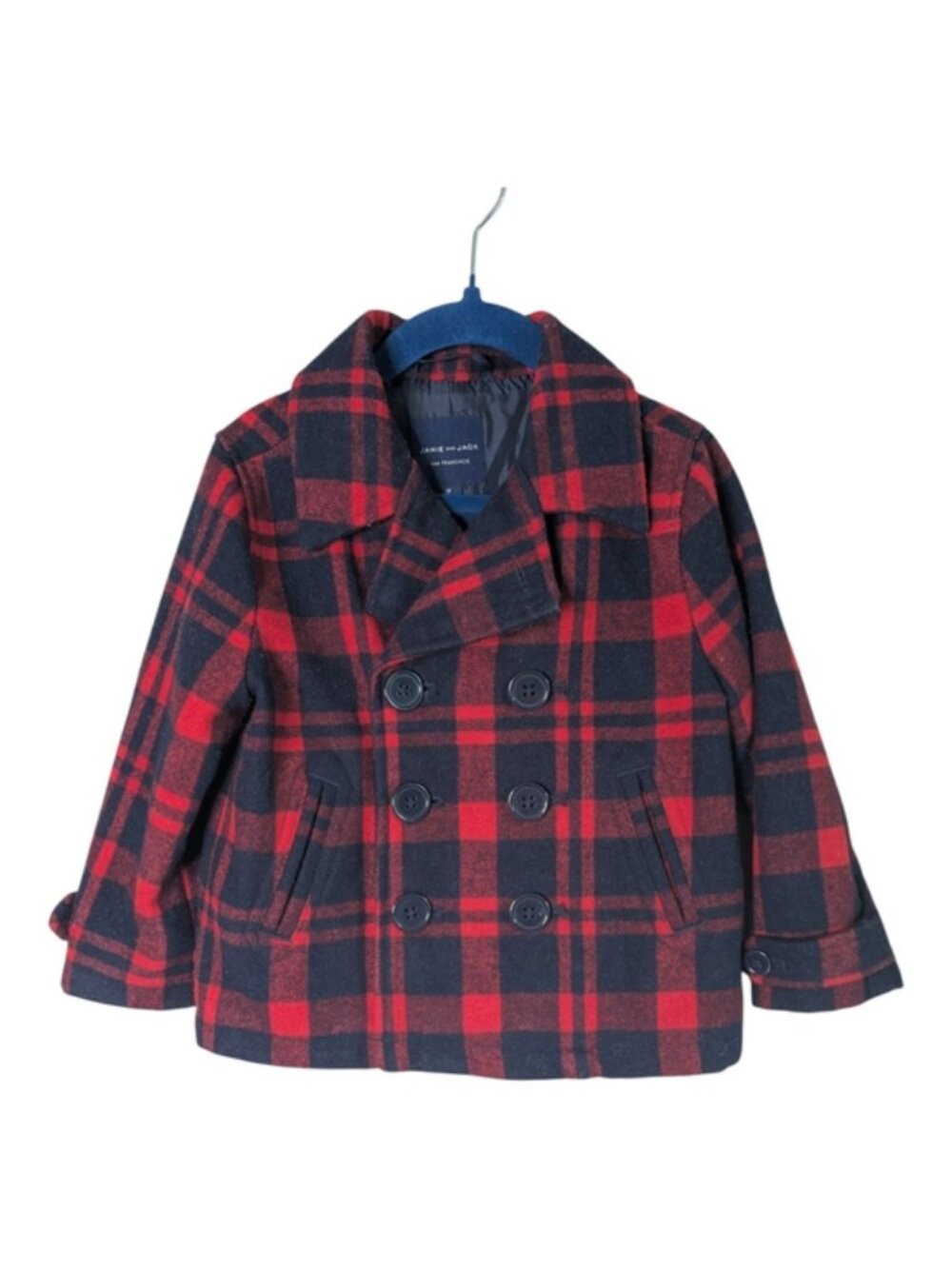 Janie and Jack Holiday Tartan Plaid Pea Coat Wool Blend Jacket Blue Red Size 2T